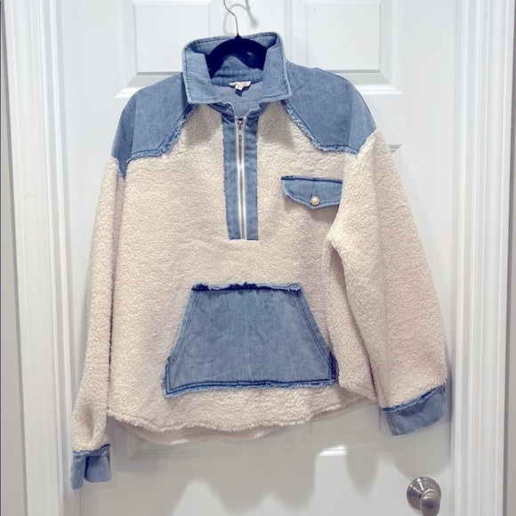 POL ivory Sherpa and Denim Half Zip Pullover Pearl Button Detail patchwork - Picture 2 of 8